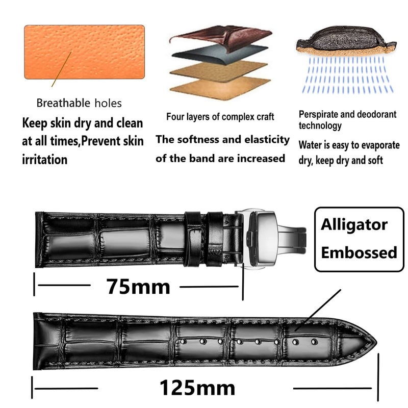 MORANO Moran Genuine Leather Band Alligator and Cowhide Replacement Deployment Buckle Watch strap18mm to 24mm Crocodile Leather Strap for Men's and Women's - Image 5